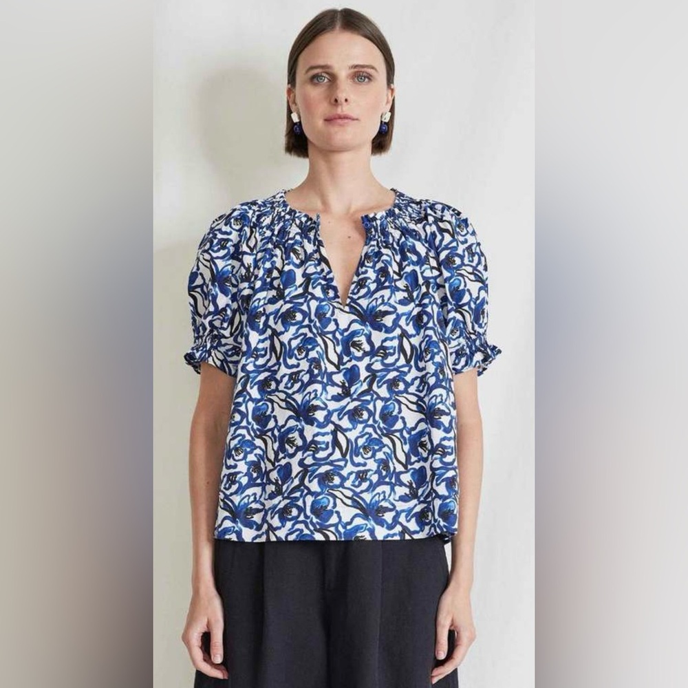 Apiece Apart Blue and White Floral Print Puff Sleeve Blouse